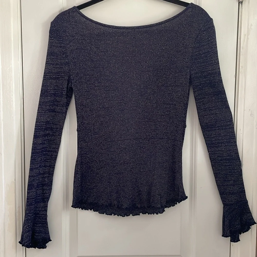 Free People Intimately “Say When” Textured Metallic/Navy Long-sleeve Top S EUC